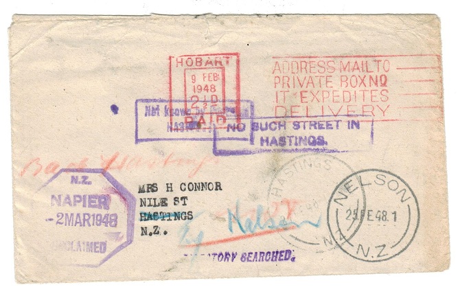NEW ZEALAND - 1948 UNCLAINMED and NO SUCH STREET IN HASTINGS stampless cover.