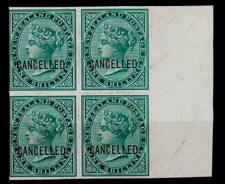NEW ZEALAND - 1874 1/- IMPERFORATE PLATE PROOF block of four in green struck CANCELLED.

