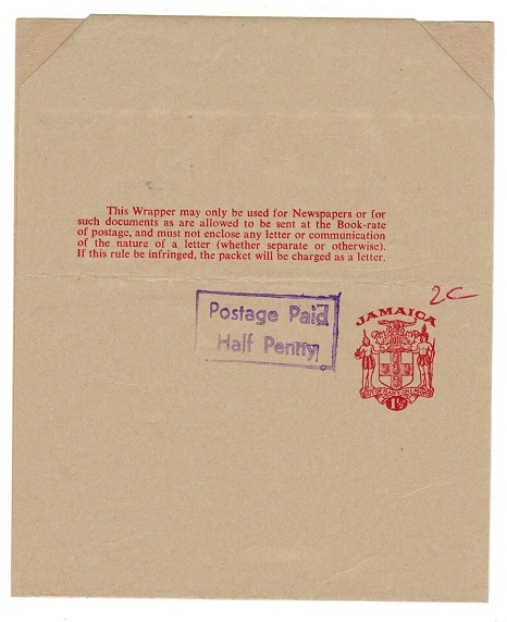 JAMAICA - 1970 (circa) 1 1/2d postal stationery wrapper unused with POSTAGE PAIID/HALF PENNY h/s.
