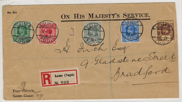 TOGO - 1915 cover to UK with 1/2d-3d (un-overprinted) GOLD COAST adhesive use at LOME.