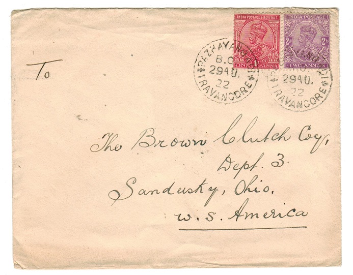 INDIA - 1922 cover to USA with India adhesives used at PAZHAYANGADI/TRAVANCORE.