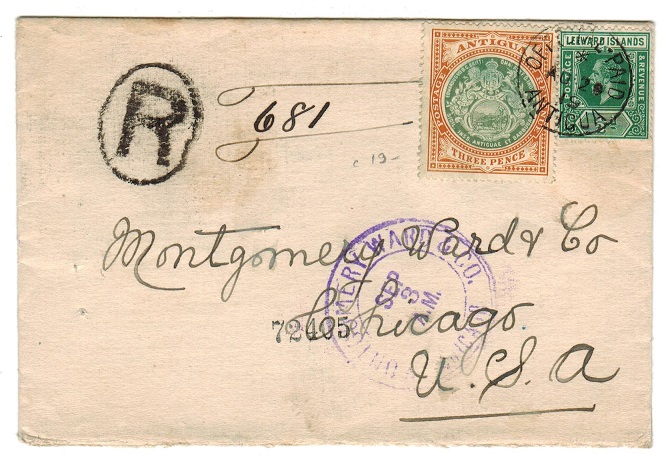 ANTIGUA - 1919 3 1/2d rate registered (FRONT) cancelled OFFICIAL PAID/ANTIGUA.