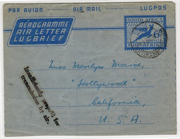 SOUTH AFRICA - 1954 6d air letter to USA with INSUFFICIENTLY PREPAID handstamp in black.