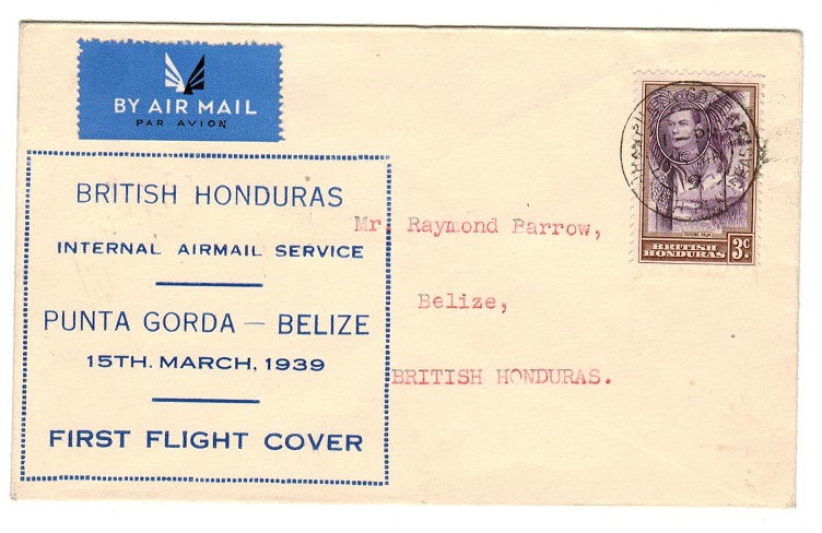 BRITISH HONDURAS - 1939 first flight cover from Punta to Belize.