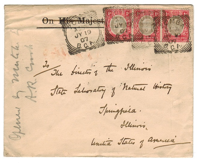 NYASALAND - 1907 OHMS envelope reused to USA with 1d strip tied by BLANTYRE cancels.