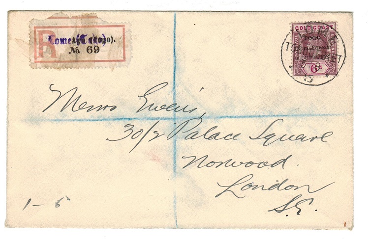TOGO - 1915 registered cover to UK with 6d tied LOME.