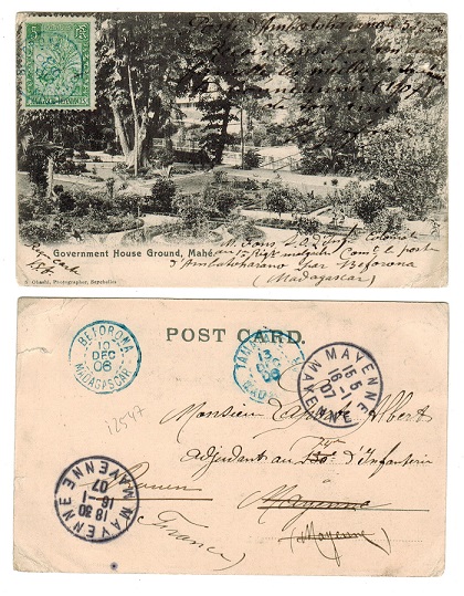 MADAGASCAR - 1906 use of Seychelles postcard to France with 5f tied BEAOROMA/MADAGASCAR.