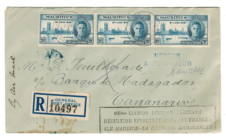 MAURITIUS - 1947 registered first flight cover to Madagascar.