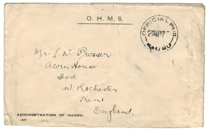 NAURU - 1937 OHMS envelope to UK cancelled OFFICIAL PAID/NAURU.