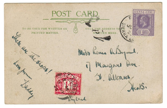 SIERRA LEONE - 1925 use of picture postcard to UK underpaid with scarce 