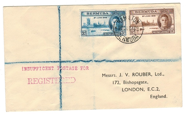 BERMUDA - 1946 INSUFFICENT POSTAGE FOR/REGISTERED mark on 