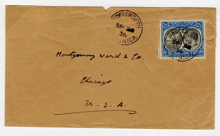 DOMINICA - 1936  2 1/2d rate cover to USA used at PORTSMOUTH.