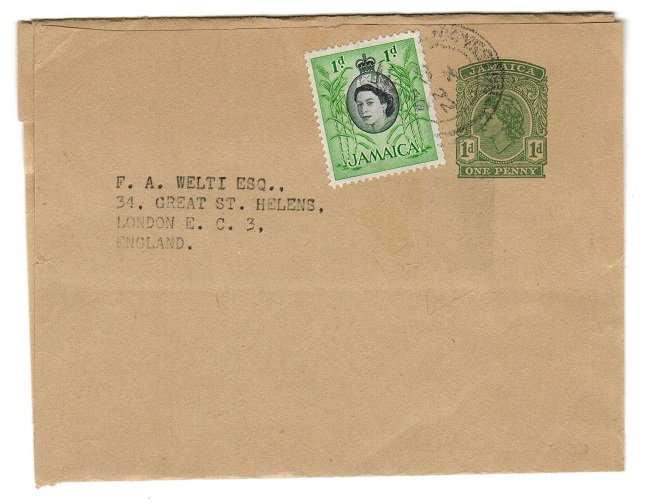 JAMAICA - 1954 1d postal stationery wrapper uprated to UK.  H&G 9.