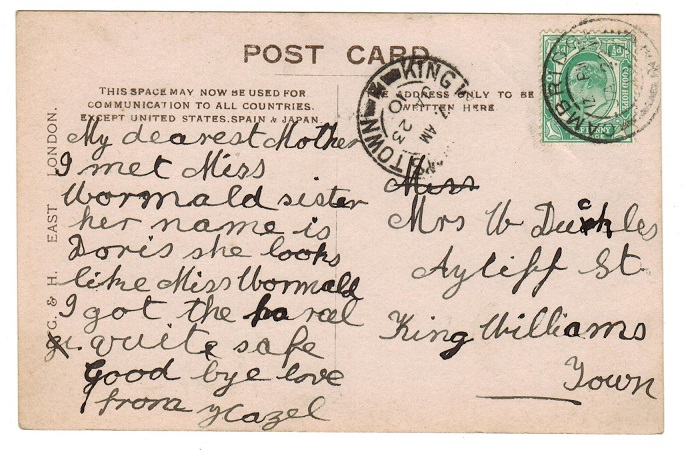 CAPE OF GOOD HOPE - 1910 1/2d rate postcard to King Williams Town used at CAMBRIDGE.