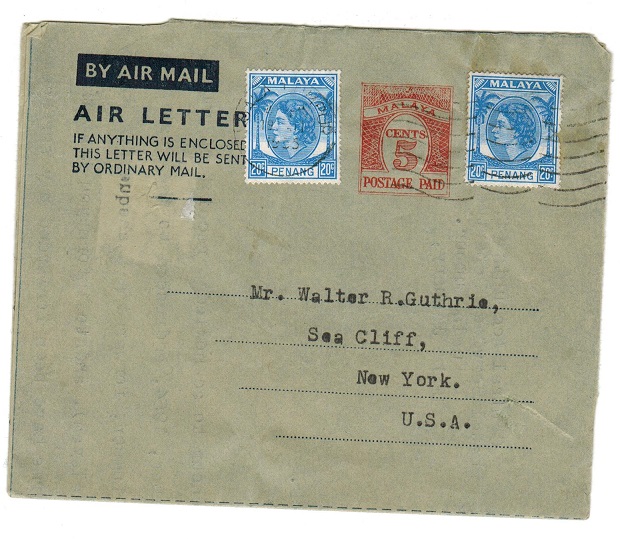 MALAYA - 1955 5c pre-paid air letter to USA with additional 5c (x2) added.  H&G 2a.