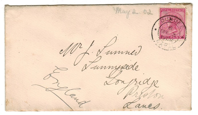 NATAL - 1902 1d rate cover to UK used at DUNDEE.