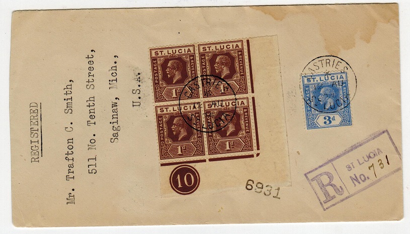 ST.LUCIA - 1924 registered cover to USA with 1d PLATE 10 block of four used at CASTRIES.