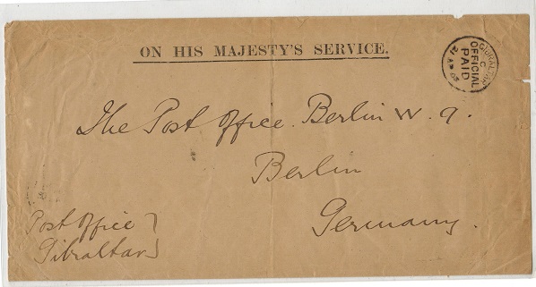 GIBRALTAR - 1903 stampless OHMS envelope addressed to Germany cancelled OFFICIAL PAID.