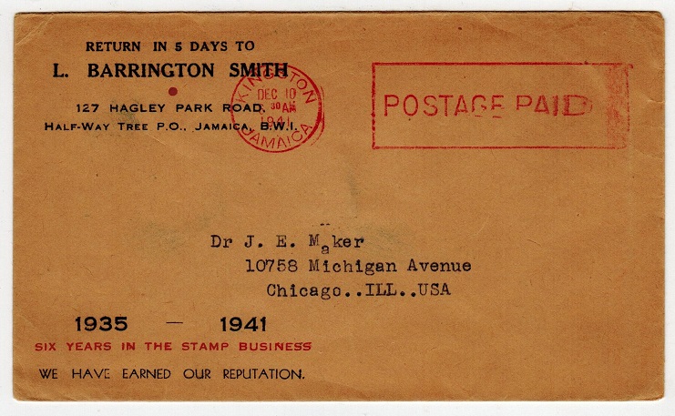 JAMAICA - 1941 POST PAID cover to USA.