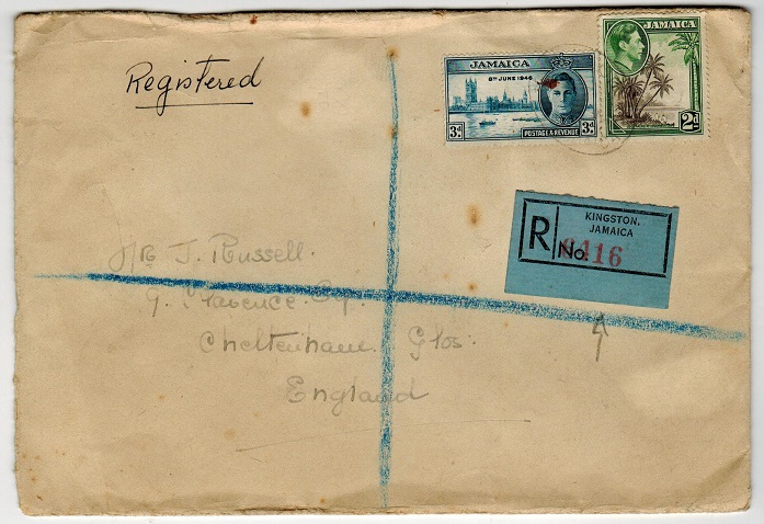 JAMAICA - 1946 (circa) registered cover to UK with blue-grey registered label.