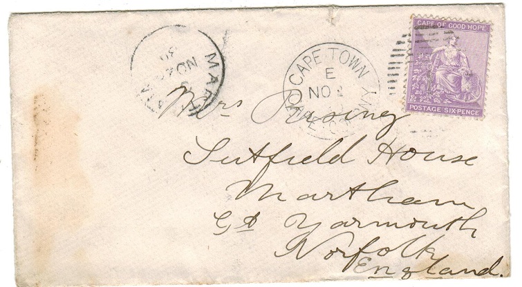 CAPE OF GOOD HOPE - 1880 6d rate cover to UK.