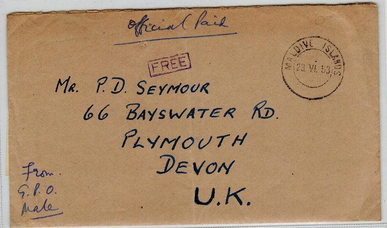 MALDIVE ISLANDS - 1953 official FREE envelope to UK with contents.