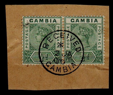 GAMBIA - 1900 1/2d pair tied to piece by complete RECEIVED/GAMBIA cds.  SG 37