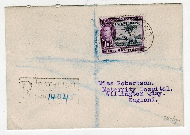 GAMBIA - 1939 1/- rate registered cover to UK used at BATHURST.