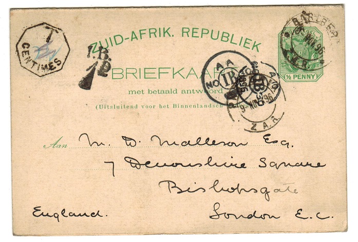 TRANSVAAL - 1896 1/2d+1/2d reply postcard from BARBERTON with T/CENTIMES tax mark.  H&G 5.