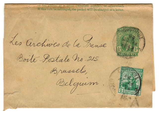 TRINIDAD AND TOBAGO - 1915 1/2d postal stationery wrapper uprated to Belgium. H&G 1.