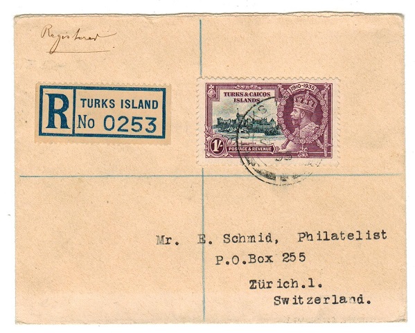 TURKS AND CAICOS IS - 1935 registered cover to Switzerland with 1/- 