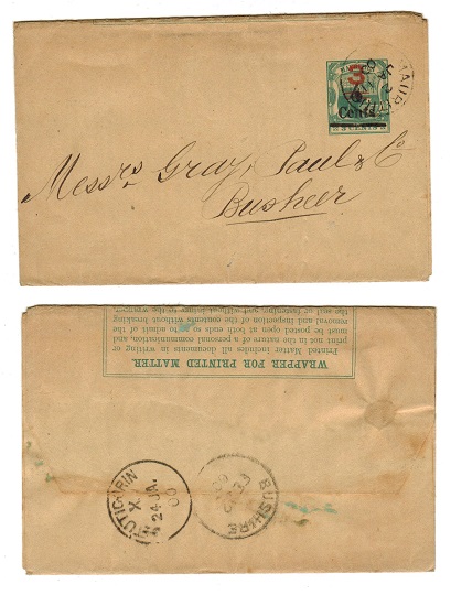 MAURITIUS - 1899 3c on 4c on 3c postal stationery wrapper to Bushire.  H&G 3.