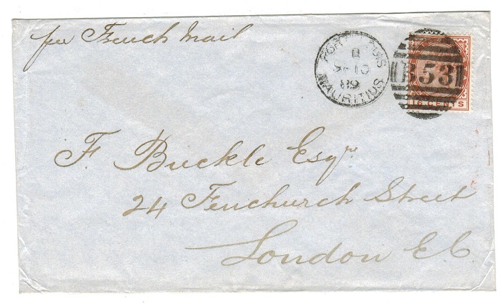 MAURITIUS - 1889 16c rate cover to UK by 