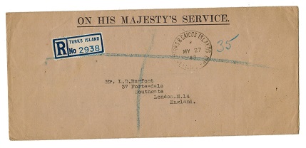 TURKS AND CAICOS IS - 1947 OHMS registered cover to UK with OFFICIAL PAID cancel.