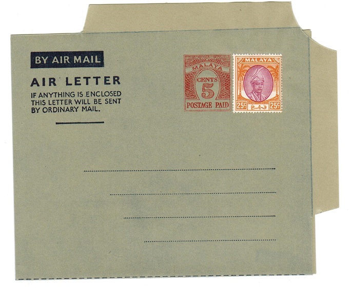 MALAYA - 1954 5c PS air letter officially uprated with 25c. Unused.  H&G 1a.