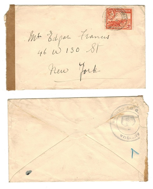 ANTIGUA - 1941 3d rate censor cover to USA.