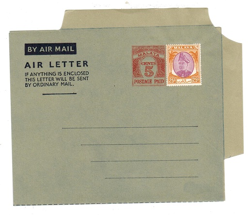 MALAYA - 1954 5c PS air letter officially uprated with 25c. Unused.  H&G 1a