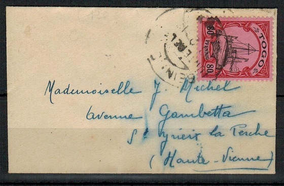 TOGO - 1913 50pfg adhesive on cover to France cancelled at BEINNE.