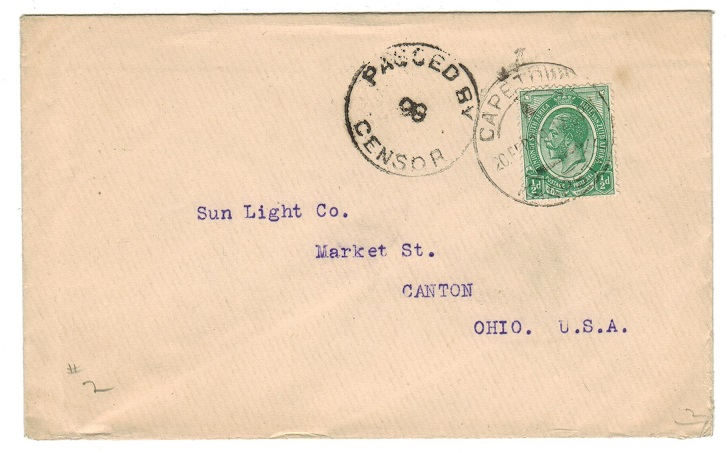 SOUTH AFRICA - 1919 1/2d rate censor cover to USA
from CAPETOWN.
