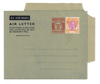 MALAYA - 1954 5c PS air letter officially uprated with 25c. Unused.  H&G 1a.
