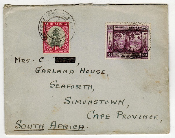 SIERRA LEONE - 1934 cover to South Africa with combination adhesive usage from FREETOWN.