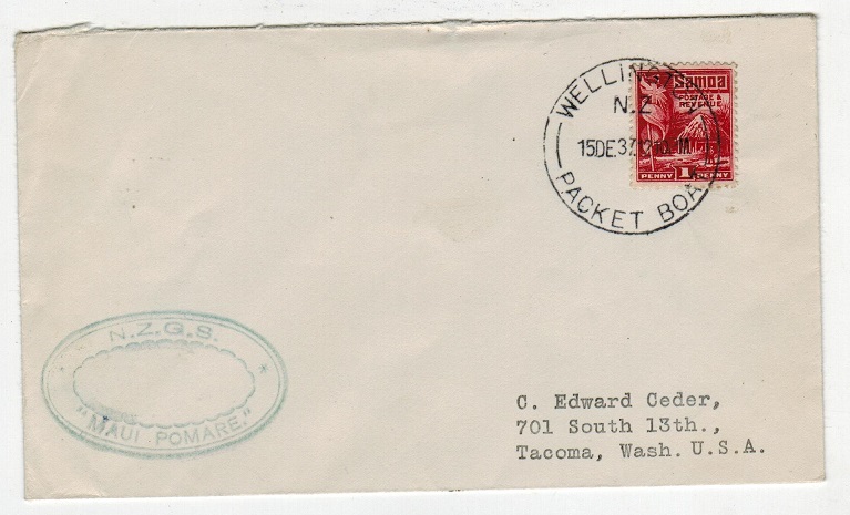 SAMOA - 1937 1d rate MAUI POMARE maritime cover to USA with WELLINGTON PACKET BOAT cancel.