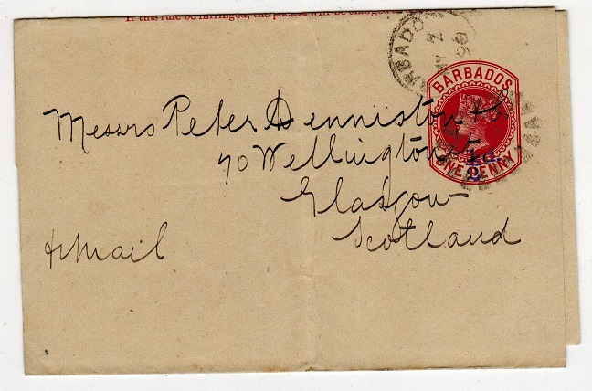 BARBADOS - 1892 1/2d on 1d postal stationery wrapper to UK cancelled BARBADOS. H&G 3.