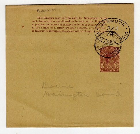 BERMUDA - 1950 1/4d postal stationery wrapper with 3/4d h/s applied used at HARRINGTON SOUND.
