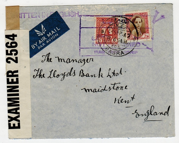 IRAQ - 1942 NOT EXAMINED censor cover to UK used at BASRA.