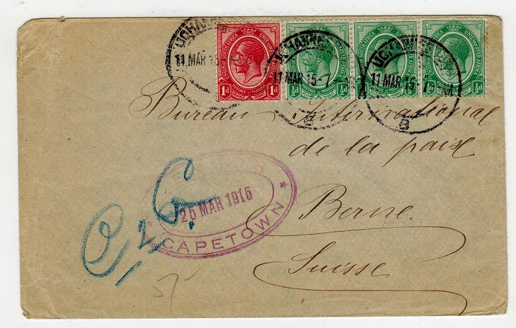 SOUTH AFRICA - 1915 2 1/2d rate cover to Switzerland with CENSOR/CAPETOWN h/s.