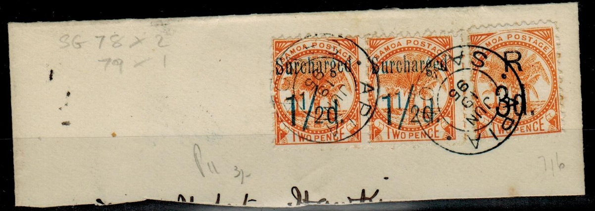 SAMOA - 1895 piece with surcharges used at APIA.