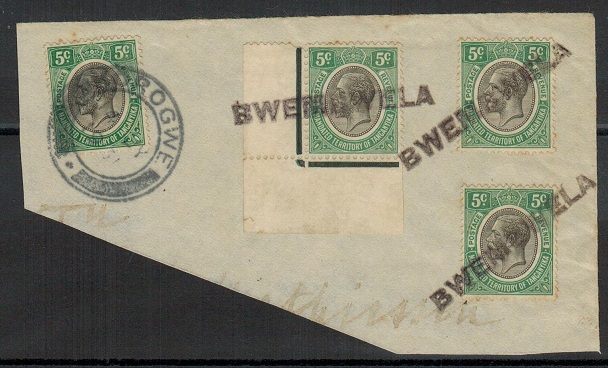 TANGANYIKA - 1931 piece with 5c adhesives tied by BWEMAWELA s/l strikes.