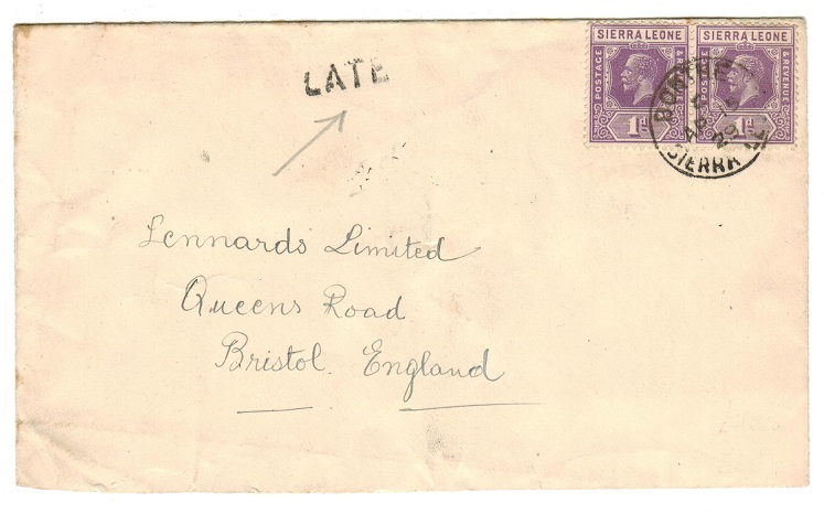 SIERRA LEONE - 1929 2d rate cover to UK used at BONTHE with LATE h/s applied.