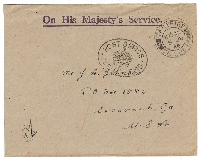 ST.LUCIA - 1945 OHMS envelope with POST OFFICE/POSTAGE PAID h/s.